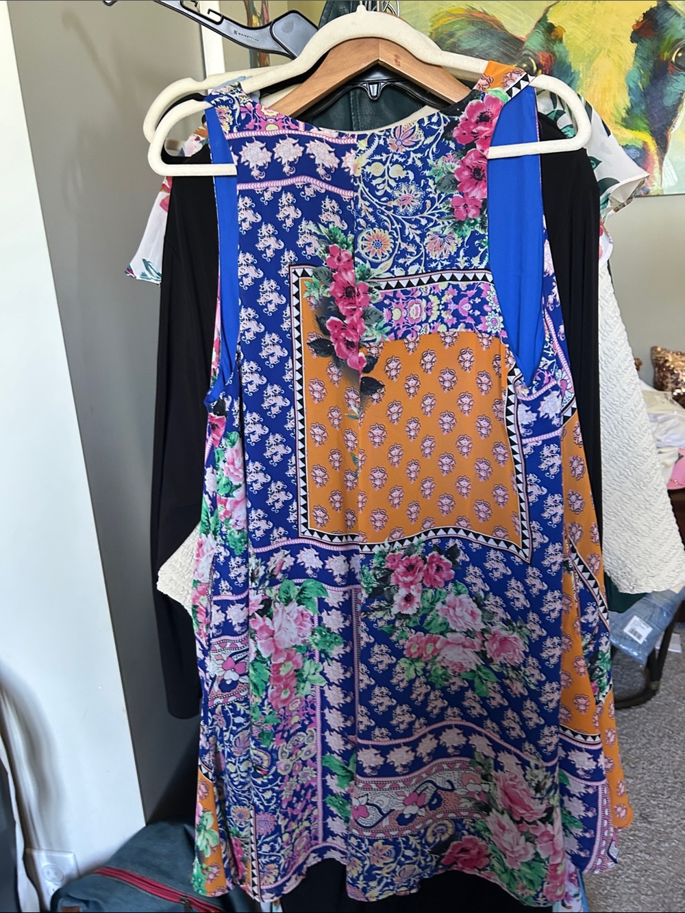 Sleeveless Patchwork Floral V-Neck Midi Dress in Blue, Mustard & Pink